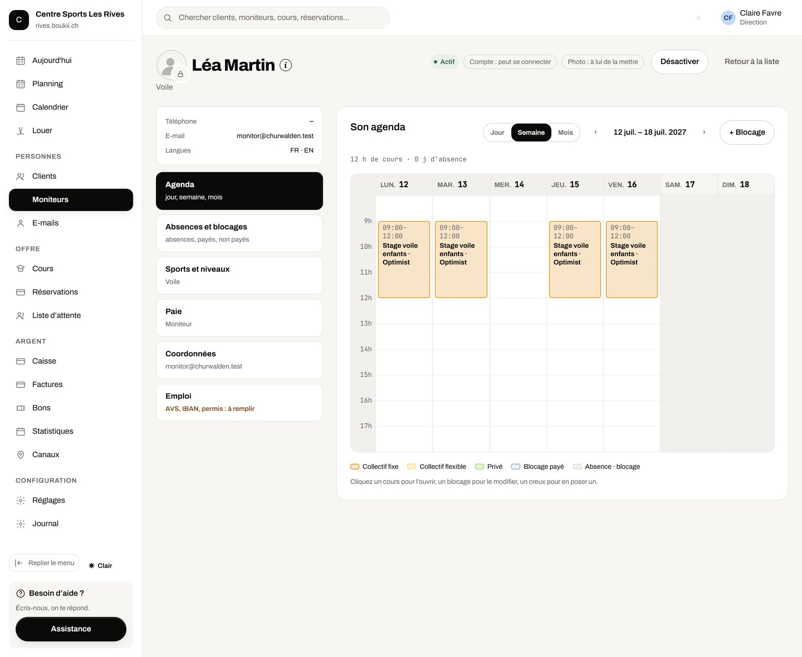 Fiche d’un moniteur : agenda, sports autorisés (oui/non), niveau de salaire et décompte.