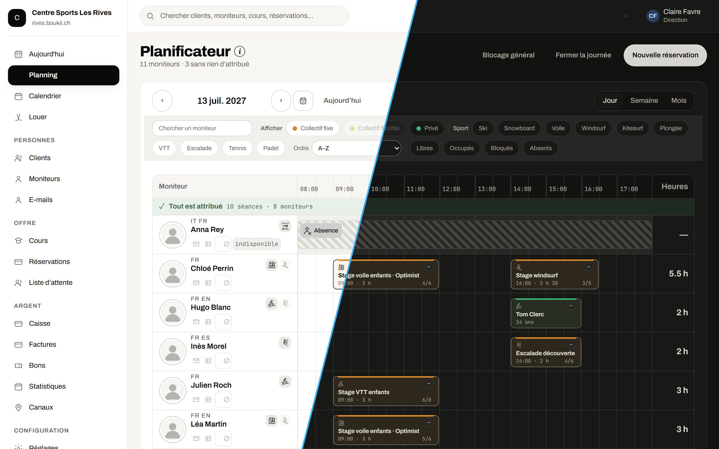 Le planificateur de Boukii School : la journée de chaque moniteur, en mode clair et en mode sombre.