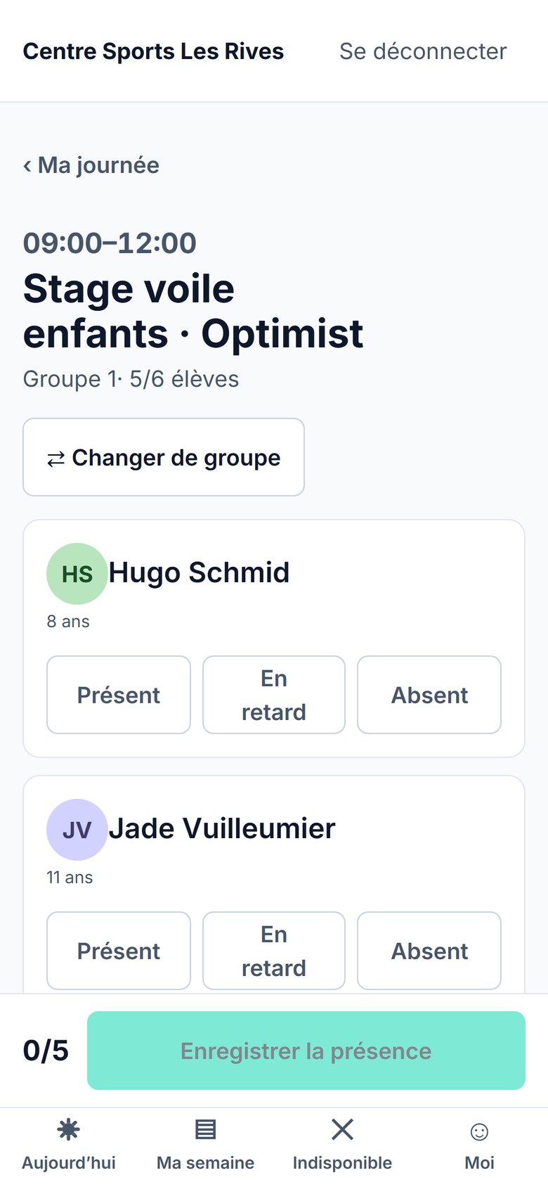 Écran «Aujourd’hui» de Boukii Teach sur téléphone.