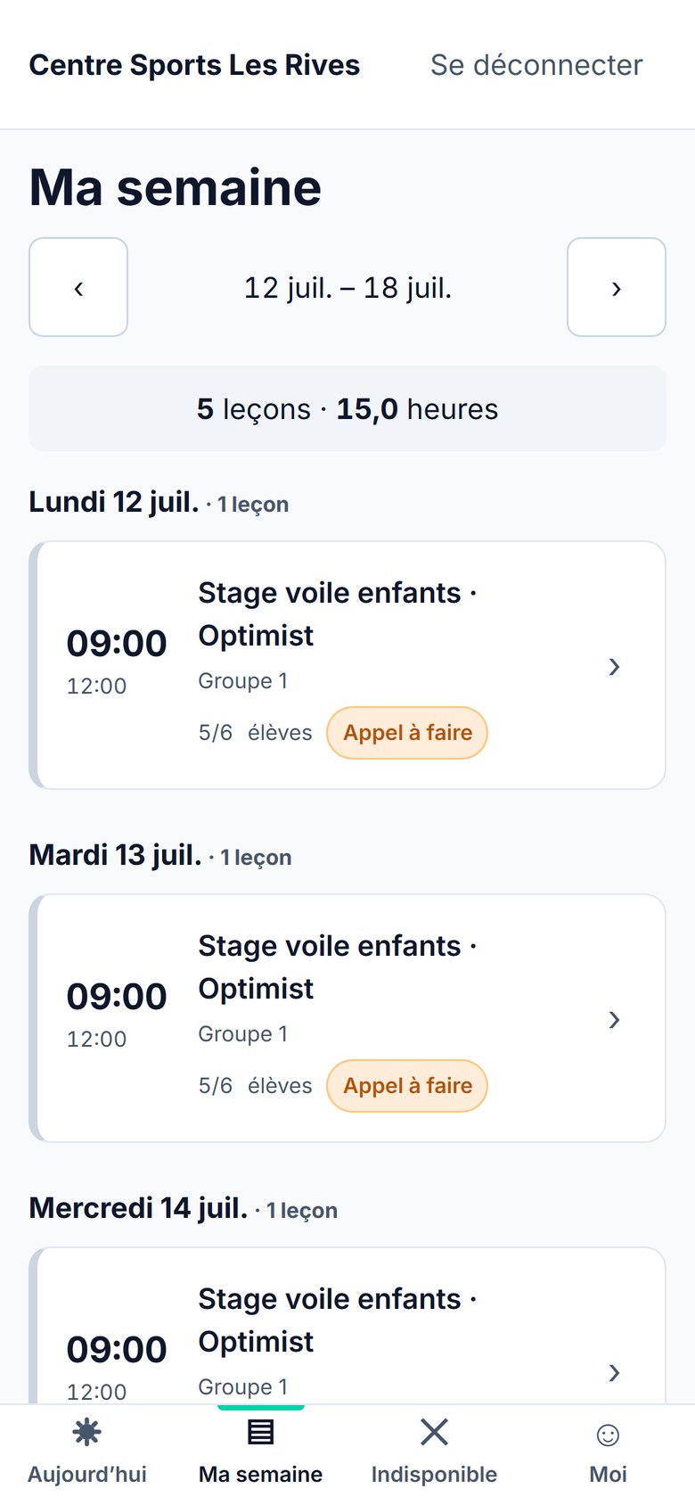 Écran «Aujourd’hui» de Boukii Teach sur téléphone.