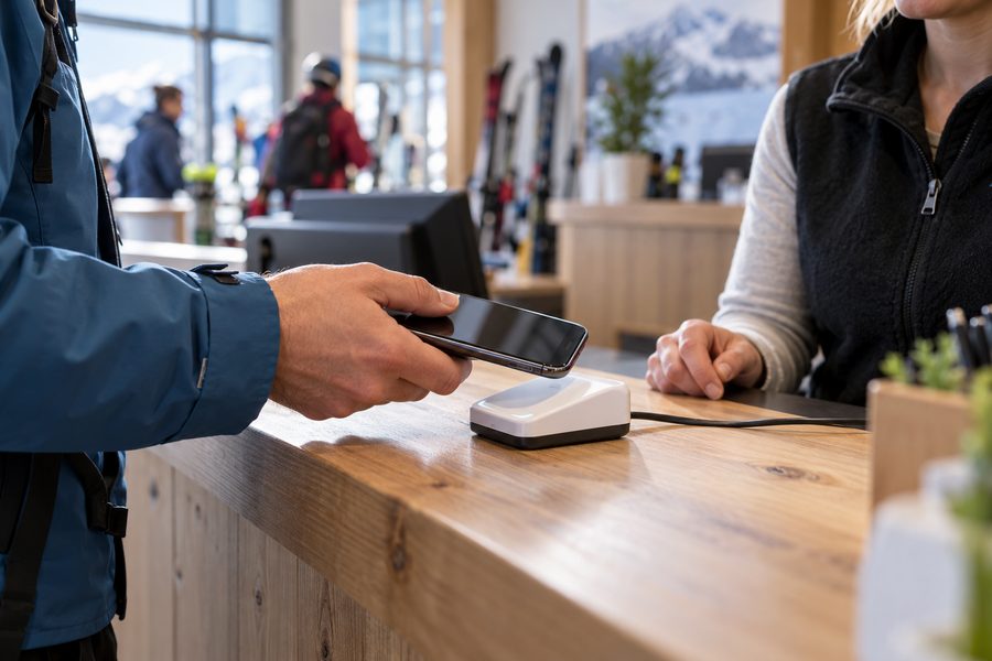 Un client paie avec son téléphone à l’accueil d’une école