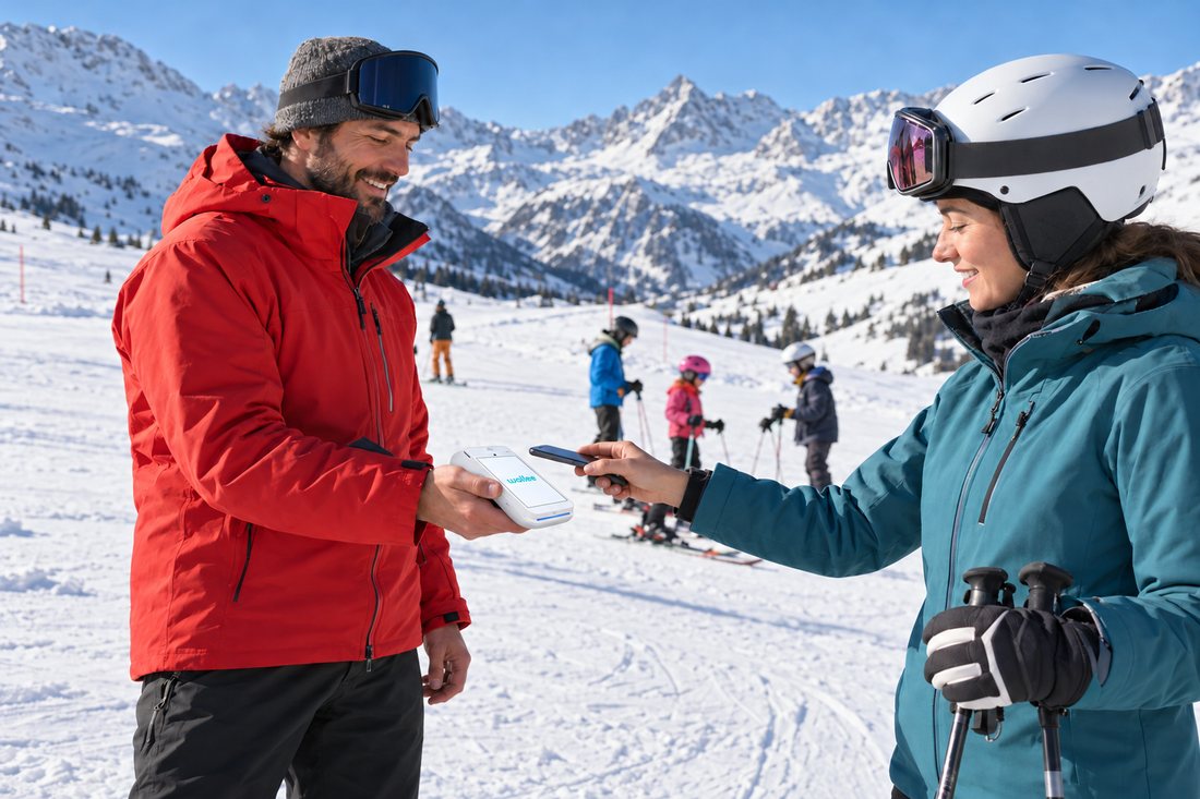 Un moniteur de ski encaisse un client au pied des pistes avec un terminal de paiement portable